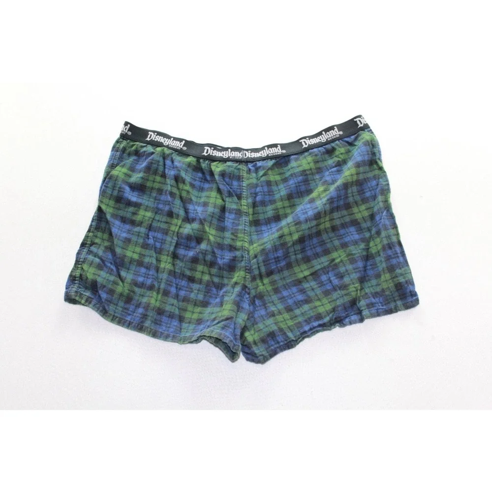 Disneyland Resort Grumpy Pajama Shorts Mens XL Blue Green Plaid Flannel Disney